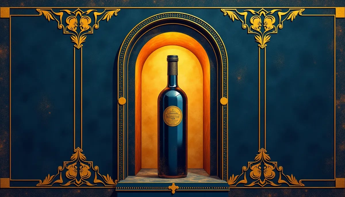 Linea de botellas de vino en diferentes etapas de envejecimiento con una copa servida en el punto optimo