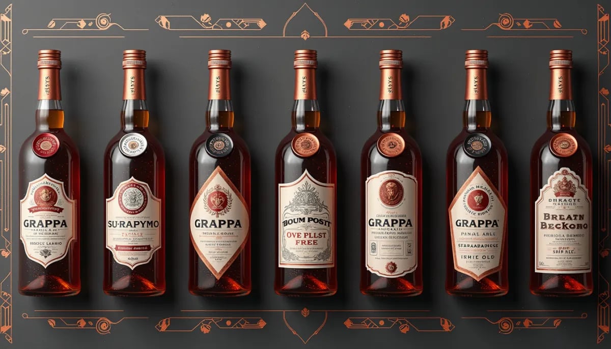 Copa tulipan con grappa cristalina junto a racimo de uvas y alambique de cobre artesanal