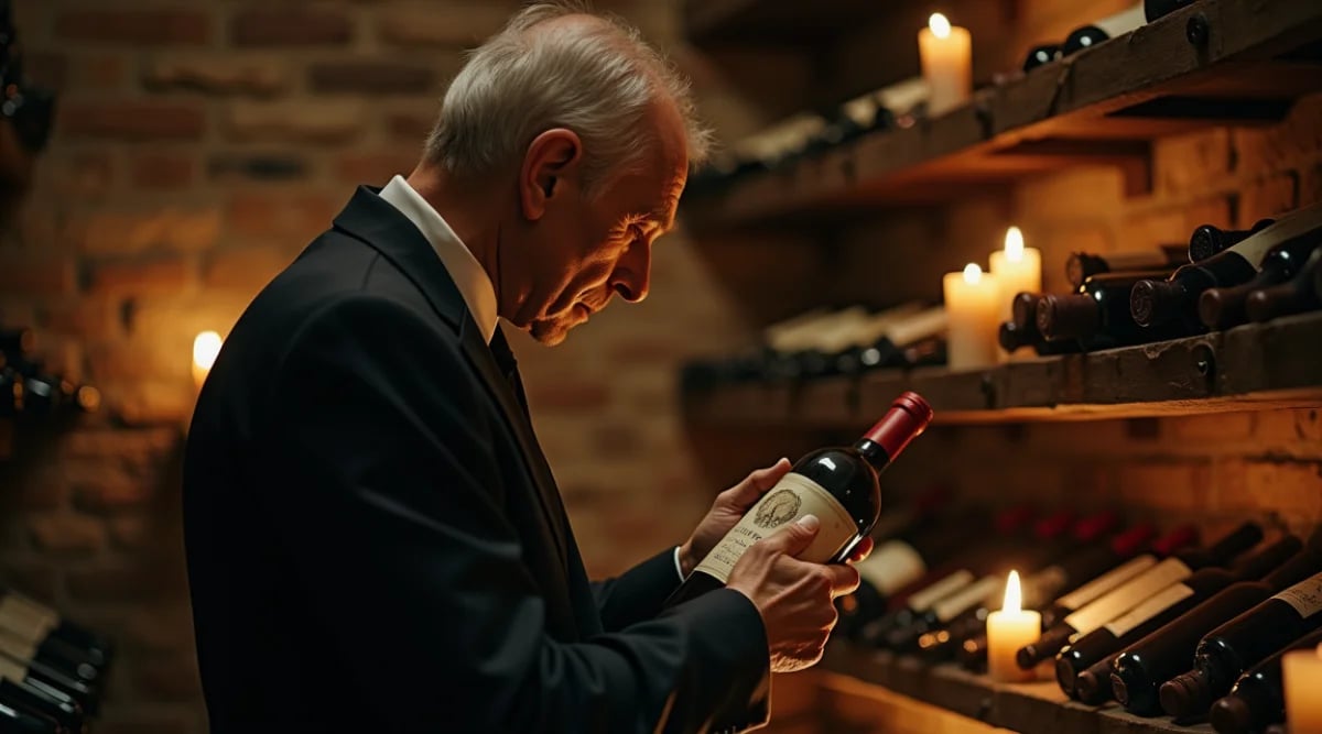 Coleccionista privado revisando su cava doméstica con botellas en racks de madera y termohigrómetro digital visible