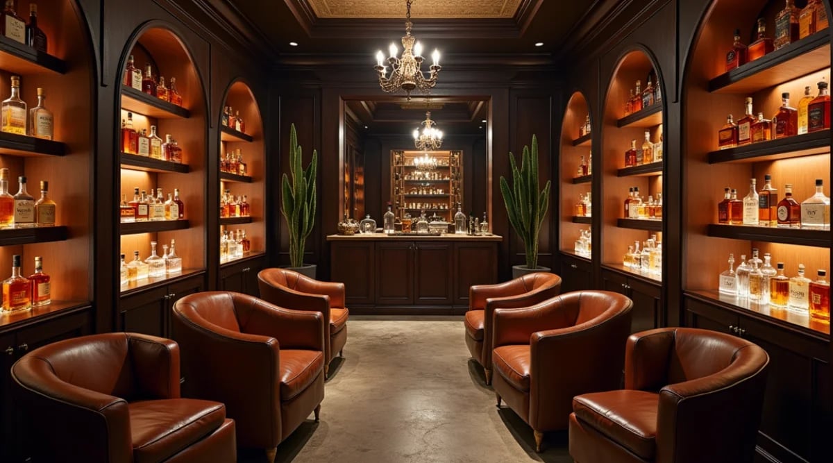 Cava privada especializada en destilados premium con botellas de tequila reposado, mezcal artesanal, whisky single malt y espumosos en lockers iluminados