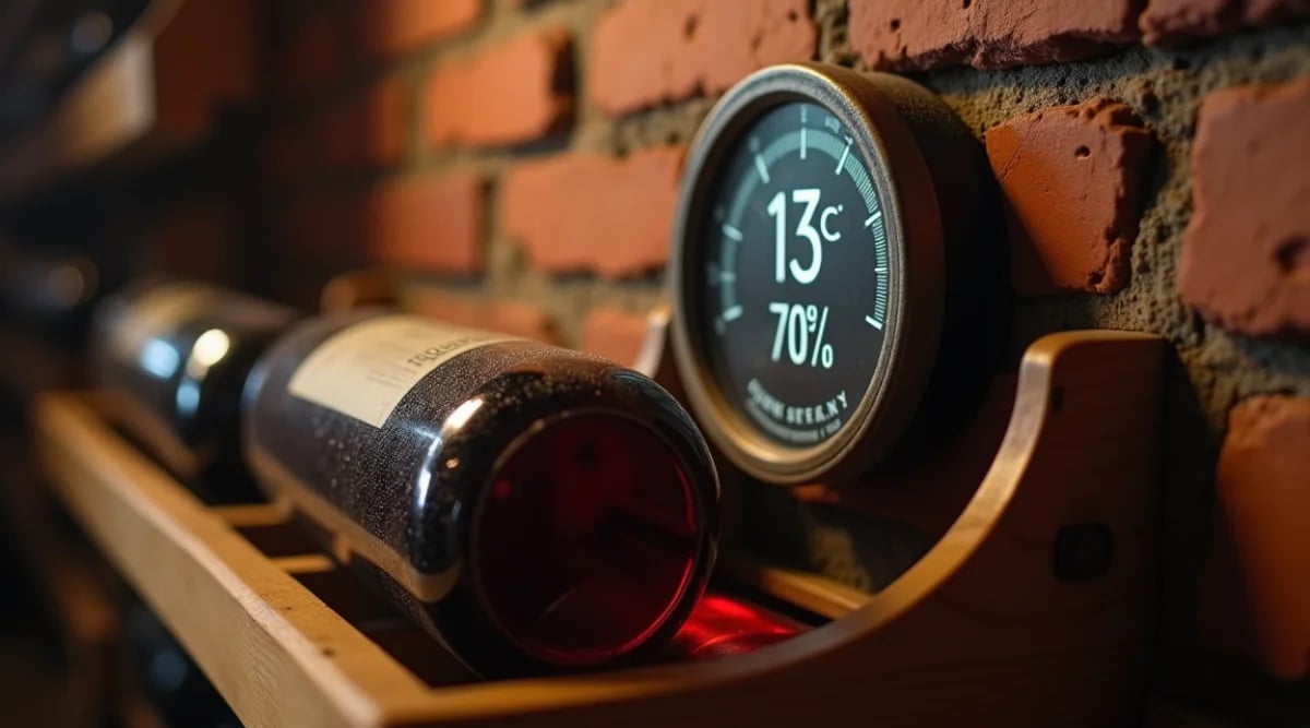 Detalle de cava doméstica con termohigrómetro digital marcando 13°C y 70% humedad, botellas en posición horizontal y luz LED tenue cálida