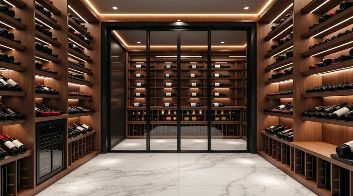 Cava doméstica recién construida con paredes de cedro, iluminación LED cálida y vinoteca empotrada con 200 botellas en racks horizontales