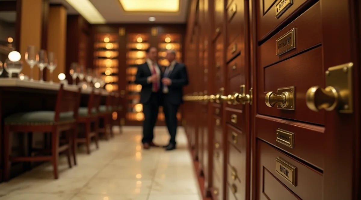 Restaurante con cava privada visible desde el comedor, lockers ocupados con placas grabadas y mesa de cata para evento exclusivo de socios