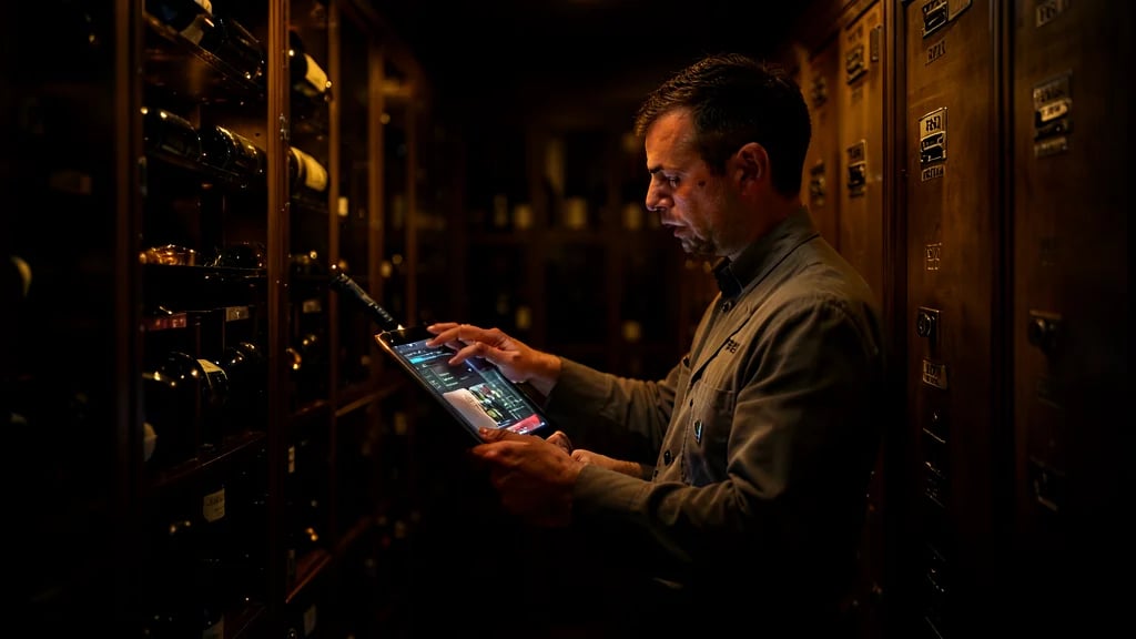 Sommelier revisando inventario de cava privada con tablet mientras verifica botellas en lockers numerados