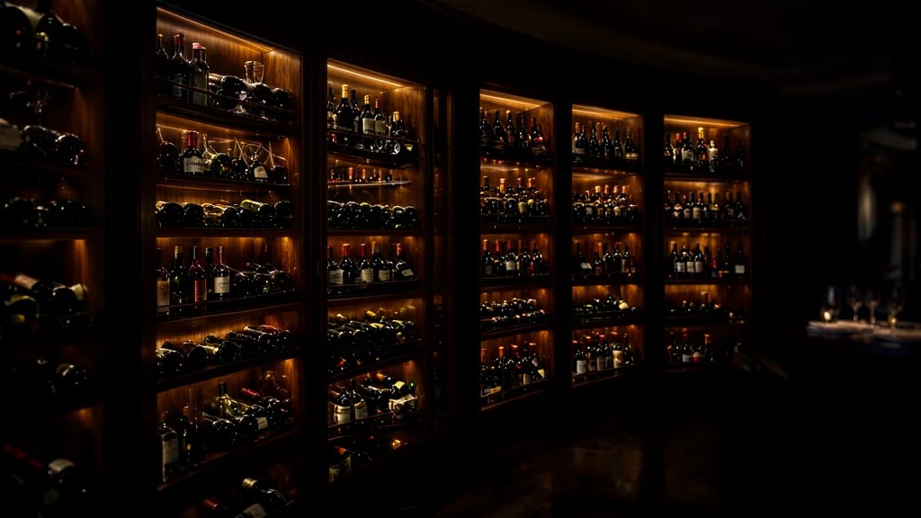 Cava privada de vinos en restaurante con lockers individuales iluminados y botellas almacenadas