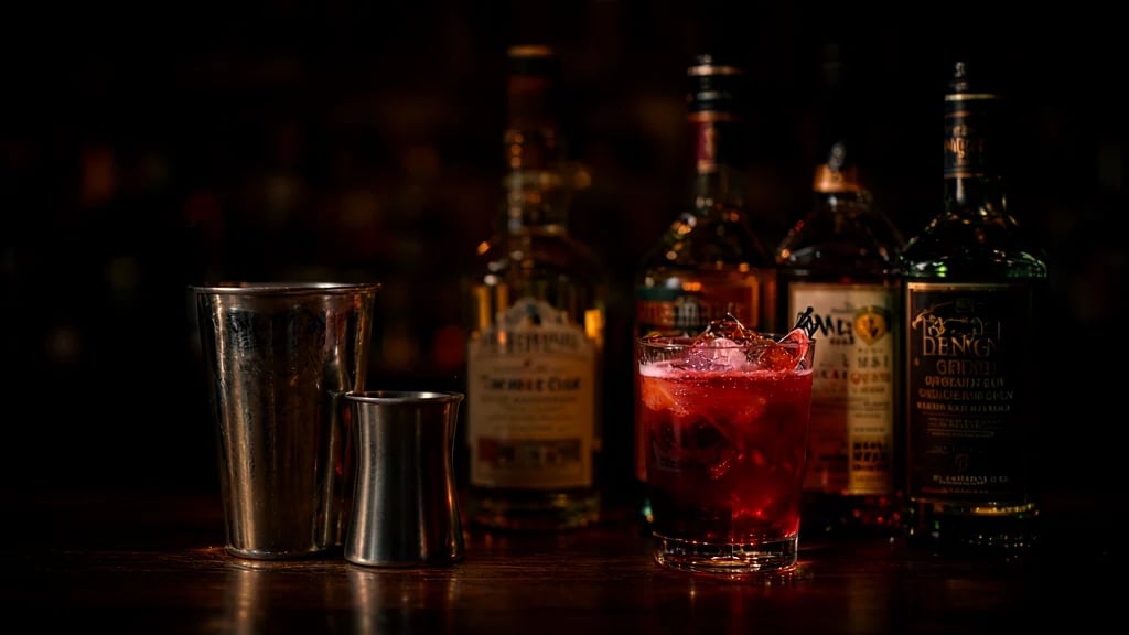 Barra casera con shaker, jigger, botellas de destilados y un Negroni recién preparado