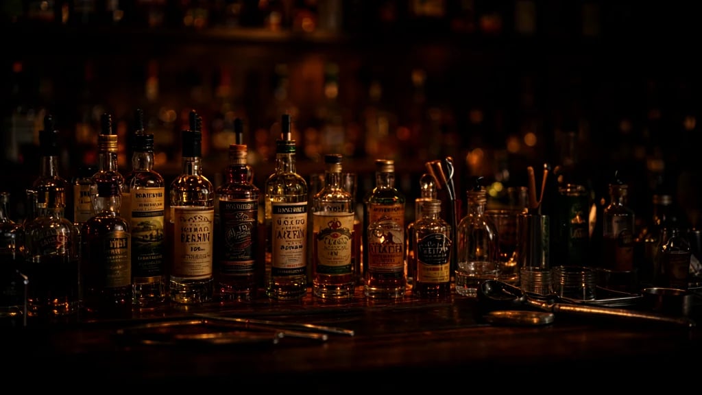 Barra de bar profesional con botellas de destilados organizadas por categoría y herramientas de coctelería