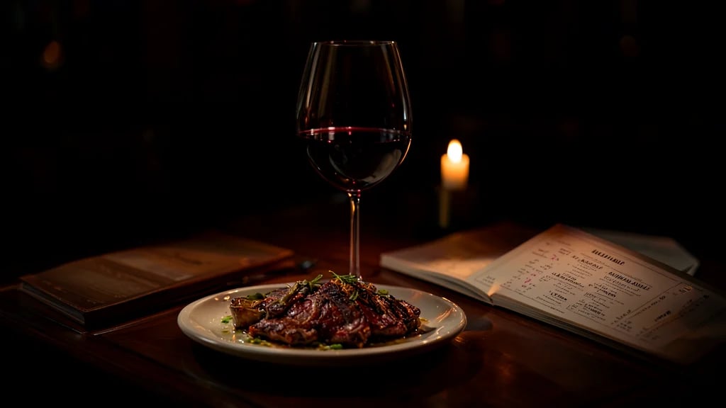 Mesa de restaurante elegante con copa de vino tinto, plato de carne y carta de vinos abierta