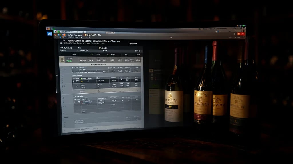 Pantalla de software de gestión de bodega de vinos mostrando inventario y estadísticas junto a botellas almacenadas