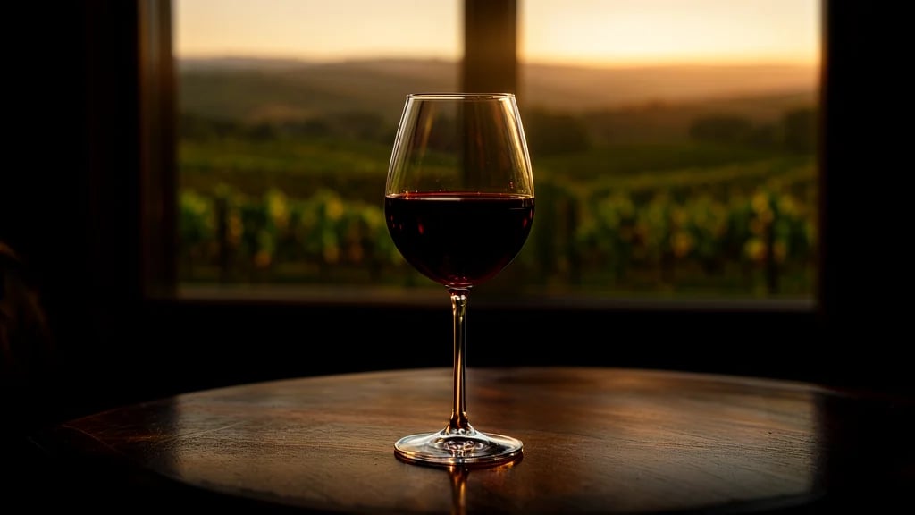 Copa de vino tinto sobre mesa con viñedo al fondo, guía de vinos para principiantes