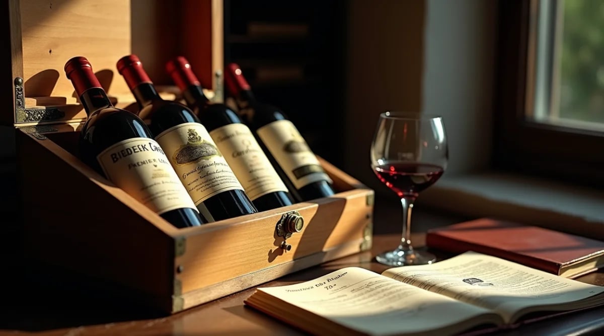 Coleccionista privado revisando portafolio de inversión en vinos en tablet con gráfico de Liv-ex 100 y botellas Bordeaux primer growth en background