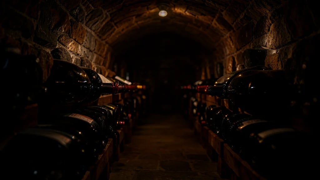Interior de cava de vinos con botellas en posición horizontal iluminadas por luz tenue
