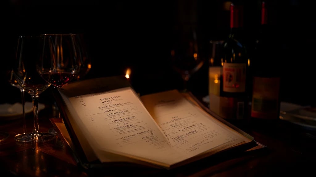Carta de vinos abierta sobre mesa de restaurante con copas y botella de tinto al fondo