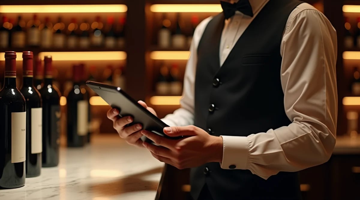 Sommelier operando cava privada con tablet en mano, escaneando código QR de botella y registrando movimiento en software de gestión