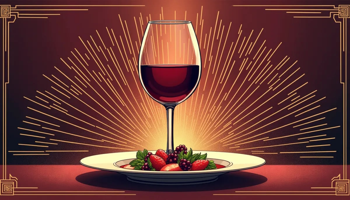 Copa de vino tinto junto a tabla de quesos y cortes de carne en mesa de restaurante