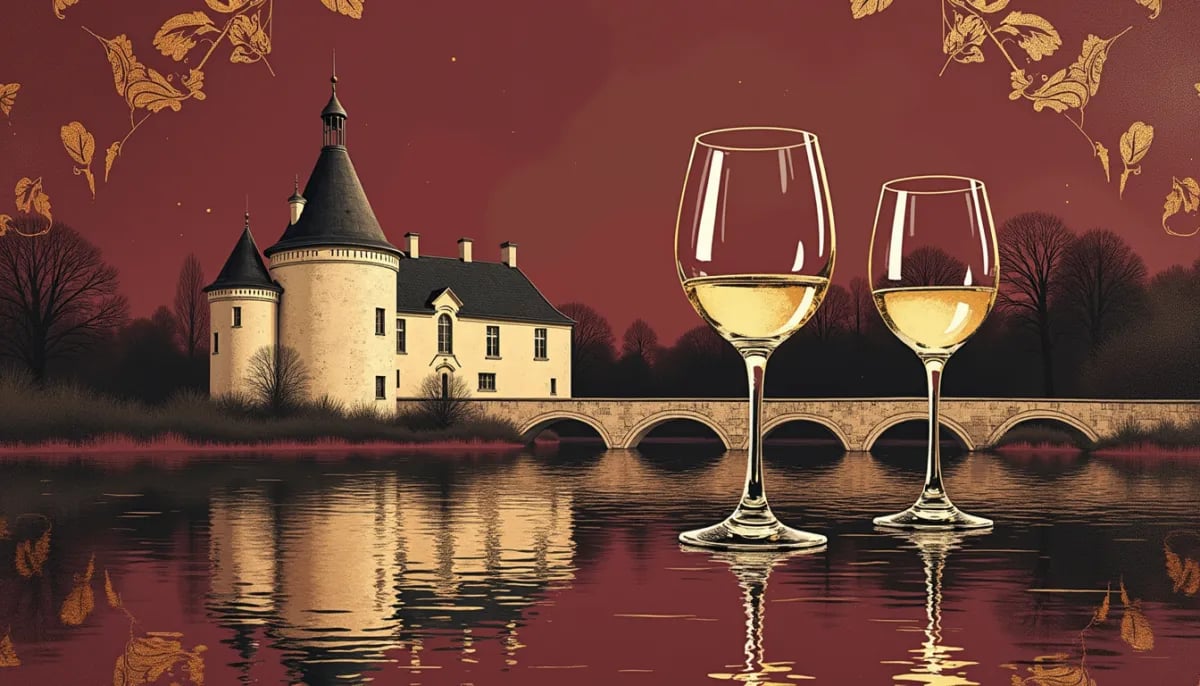 Copa de Chenin Blanc dorado con reflejos verdosos junto a viñedos del Valle del Loira