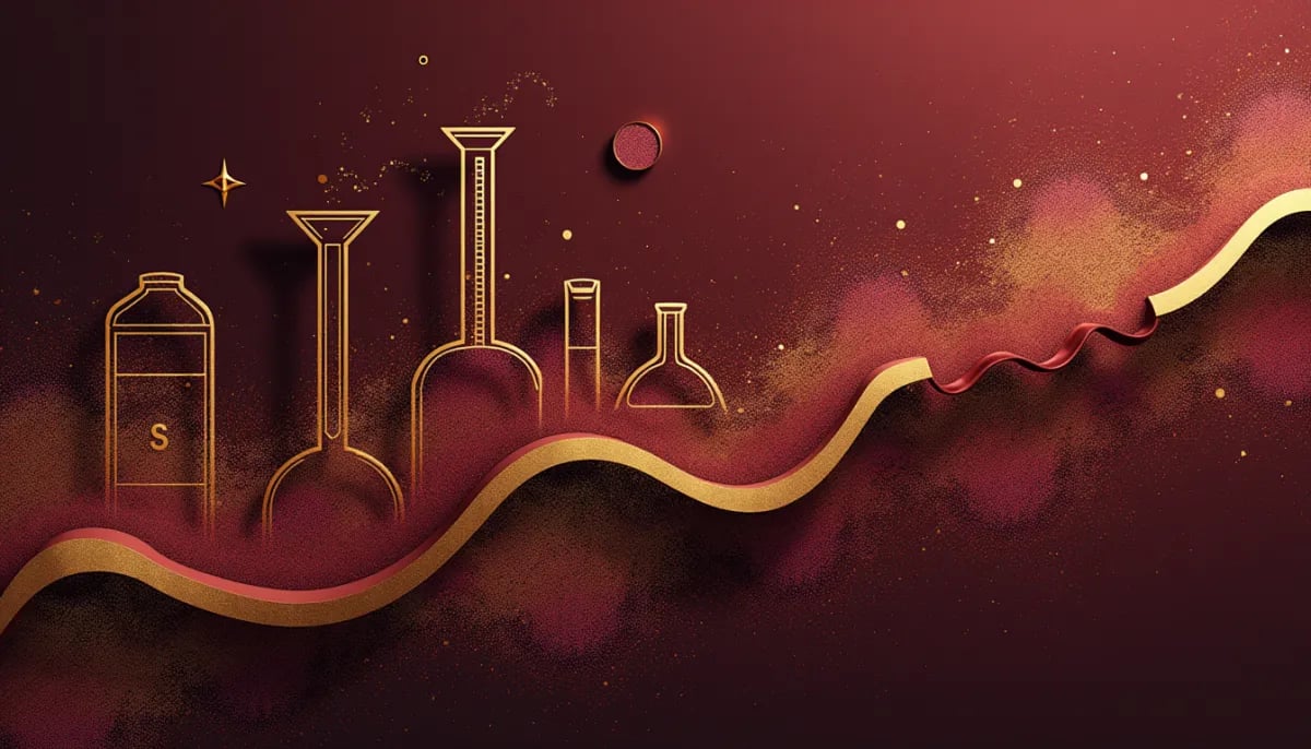 Copa de Lambrusco espumoso tinto oscuro con espuma rosada y embutidos italianos de fondo
