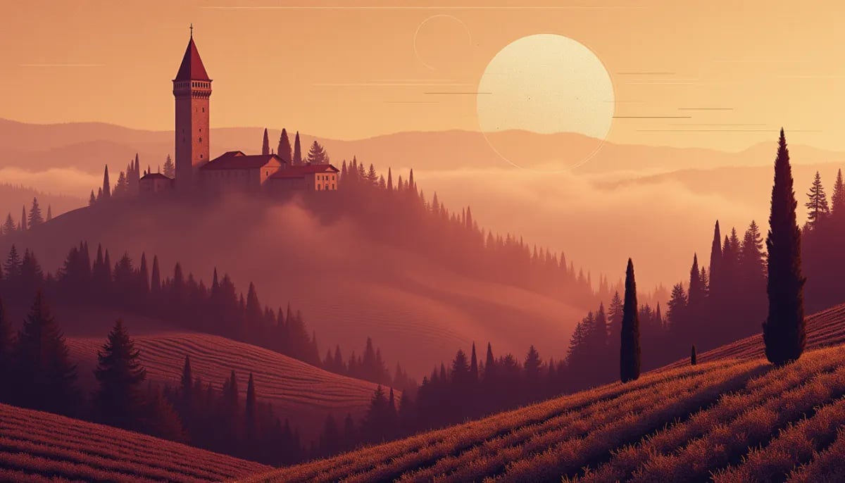 Copa de vino Nebbiolo con tonos granate translúcidos y colinas de Langhe al fondo