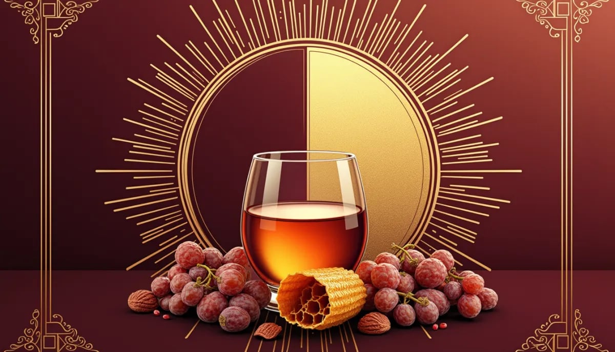Copa de Pedro Ximénez color caoba oscuro junto a uvas pasas al sol andaluz
