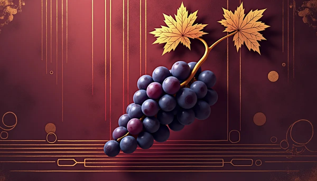 Copa de Petit Verdot con tonalidades púrpura intensas junto a racimo de uvas de piel oscura