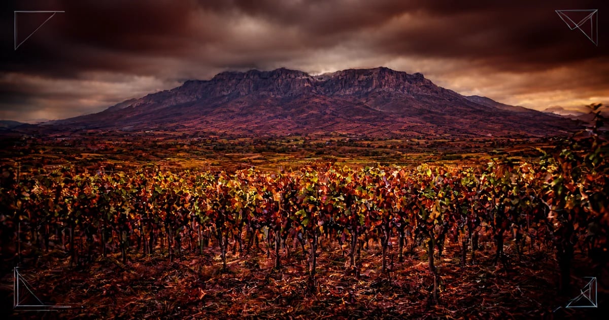 Copa de Pinotage rojo oscuro con viñedos de Stellenbosch y montañas del Cabo al fondo