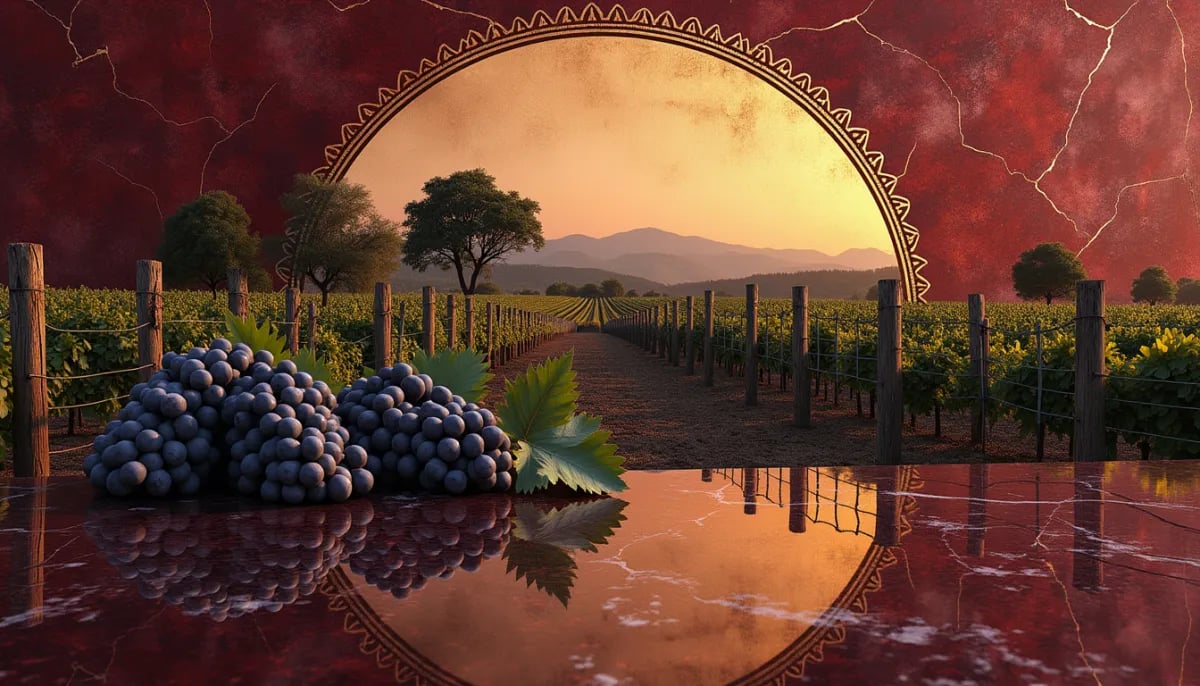 Copa de White Zinfandel rosa brillante junto a racimos de uva Zinfandel en viñedo californiano