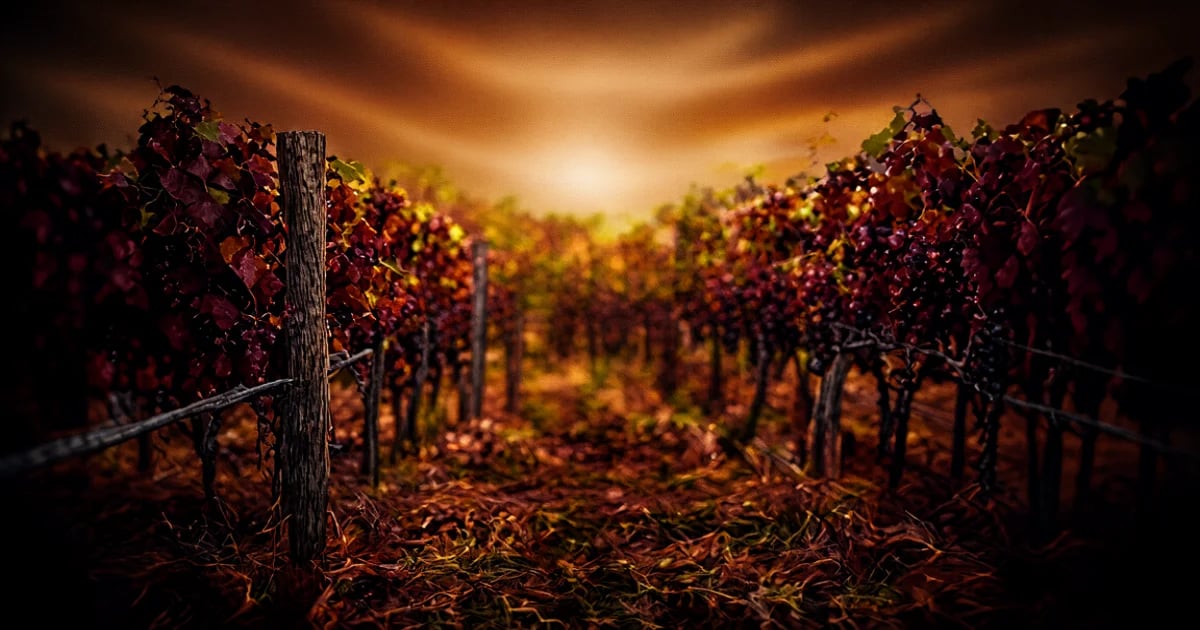 Copa de vino Zinfandel con color rojo oscuro y viñedos de cepas viejas en Sonoma