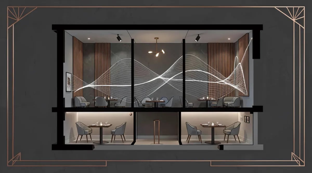 Interior de restaurante fine dining con paneles acústicos integrados en el diseño del salón