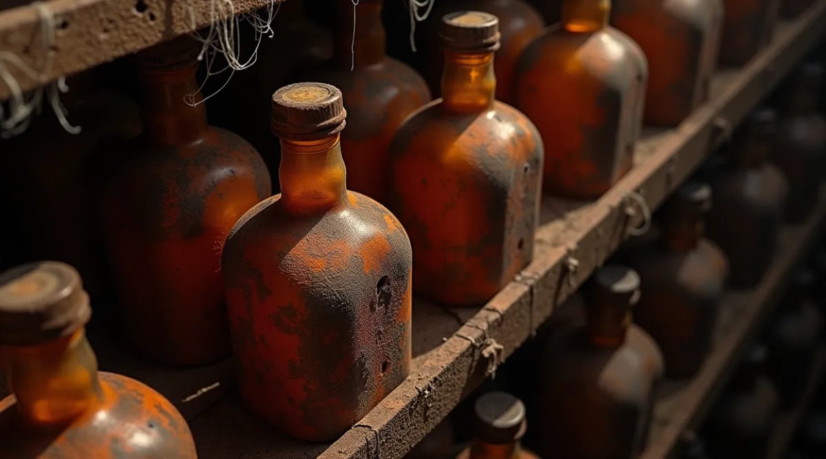Botellas de añadas legendarias de vino con polvo y años grabados