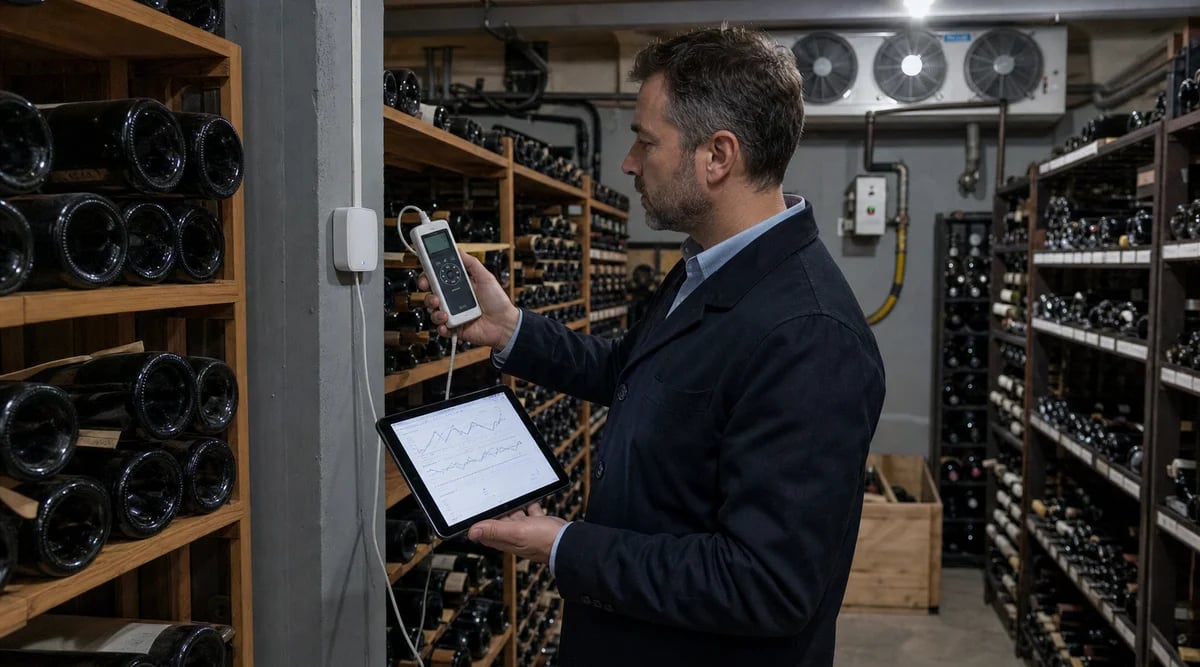 Encargado compara una alerta digital con un instrumento de referencia dentro de la cava