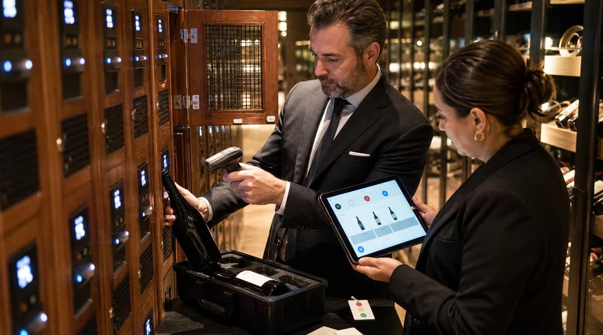 Responsables del restaurante y de una cuenta corporativa verificando una botella, un locker y los permisos de uso