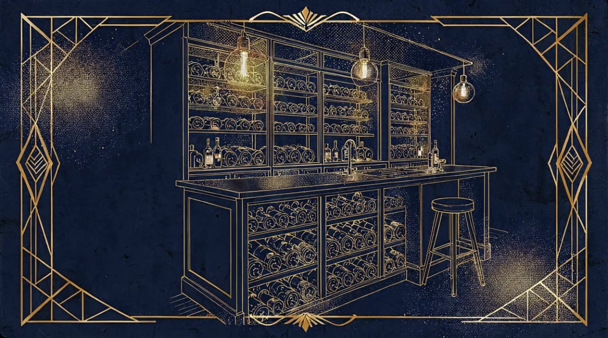 Wine bar moderno con pared de cavas privadas iluminadas detrás de la barra