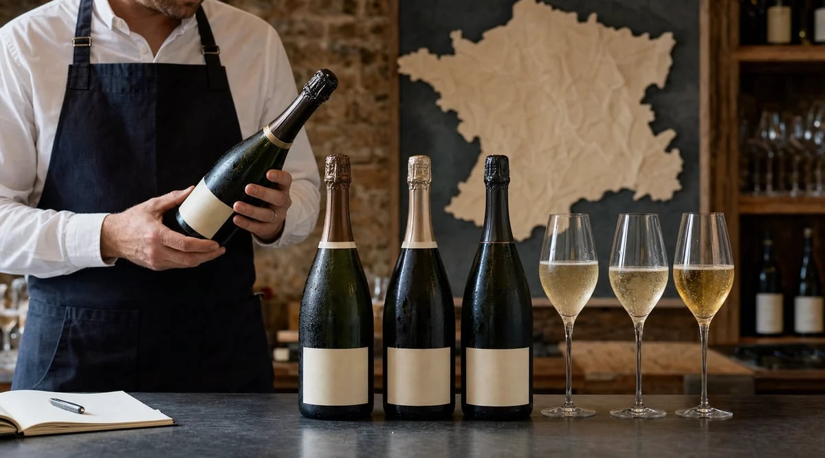 Sommelier compara tres botellas de espumoso francés y sus copas