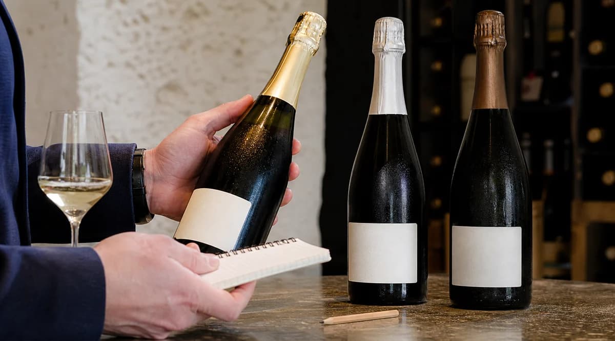 Sommelier revisa el cuello y la etiqueta de tres botellas de espumoso