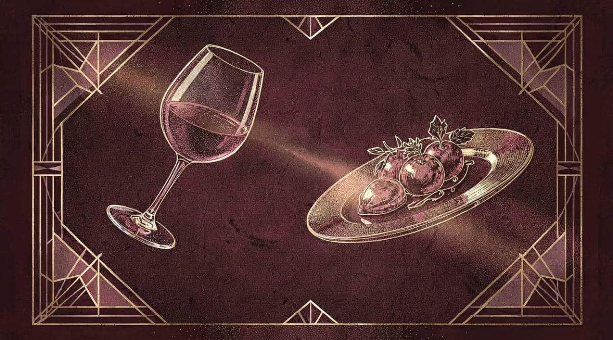 Plato de alta cocina con estructura impresa en 3D junto a una copa de vino tinto en mesa elegante