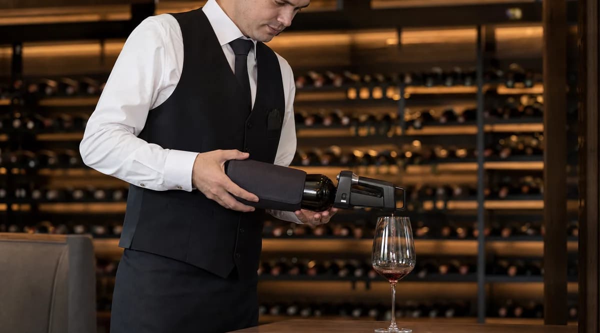 Sommelier sirve vino tranquilo con un sistema de preservación por aguja y argón
