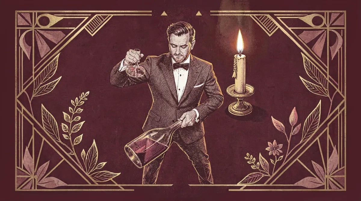 Sommelier decantando vino con vela técnica profesional