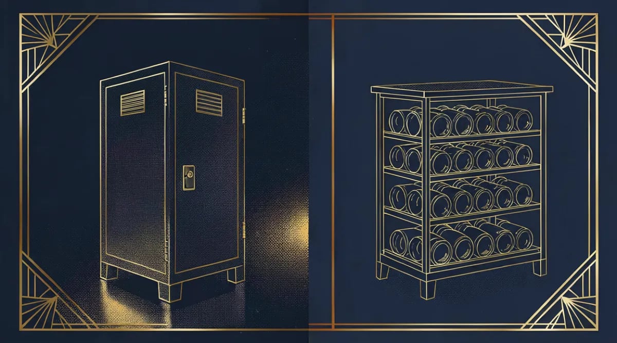 Split image: cava privada elegante iluminada vs bodega de almacenamiento de restaurante