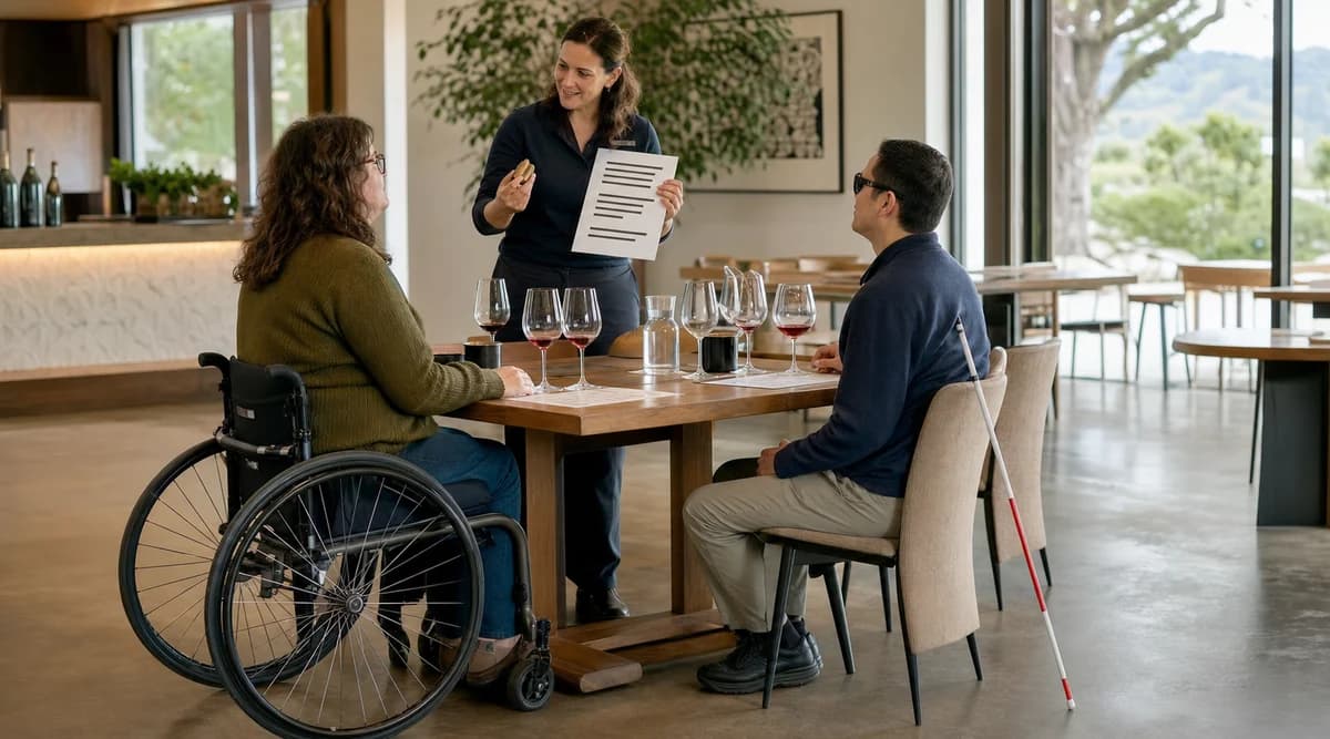 Cata en bodega con espacio para silla de ruedas, bastón blanco e información de alto contraste