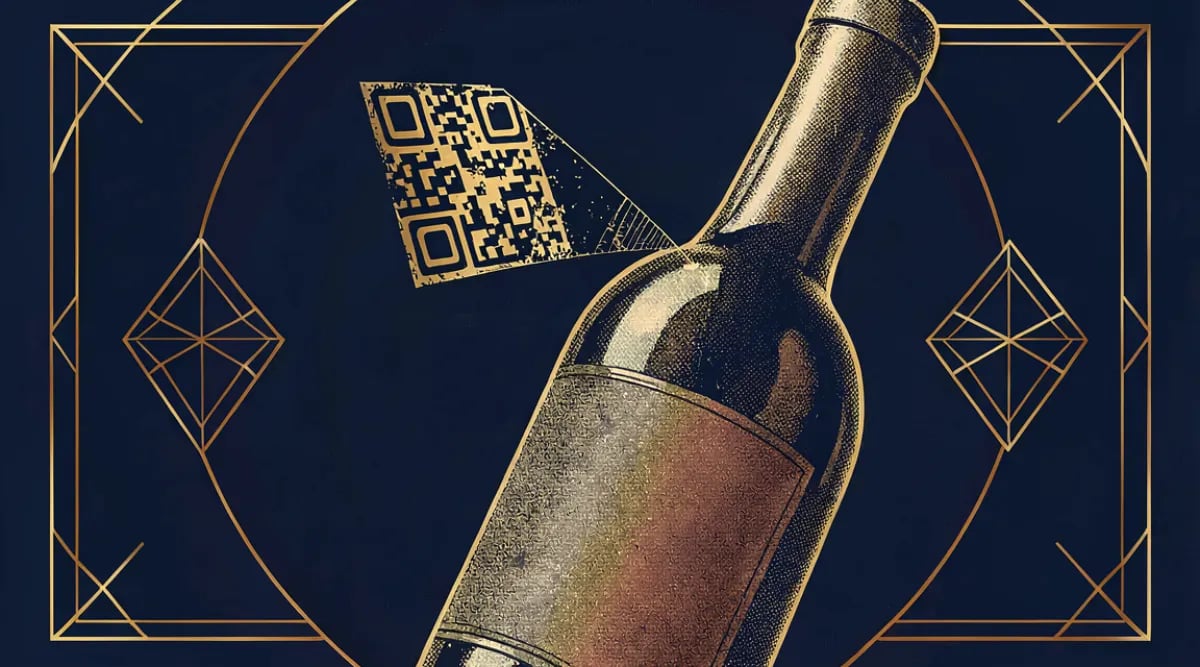 Smartphone escaneando código QR en botella de vino para inventario