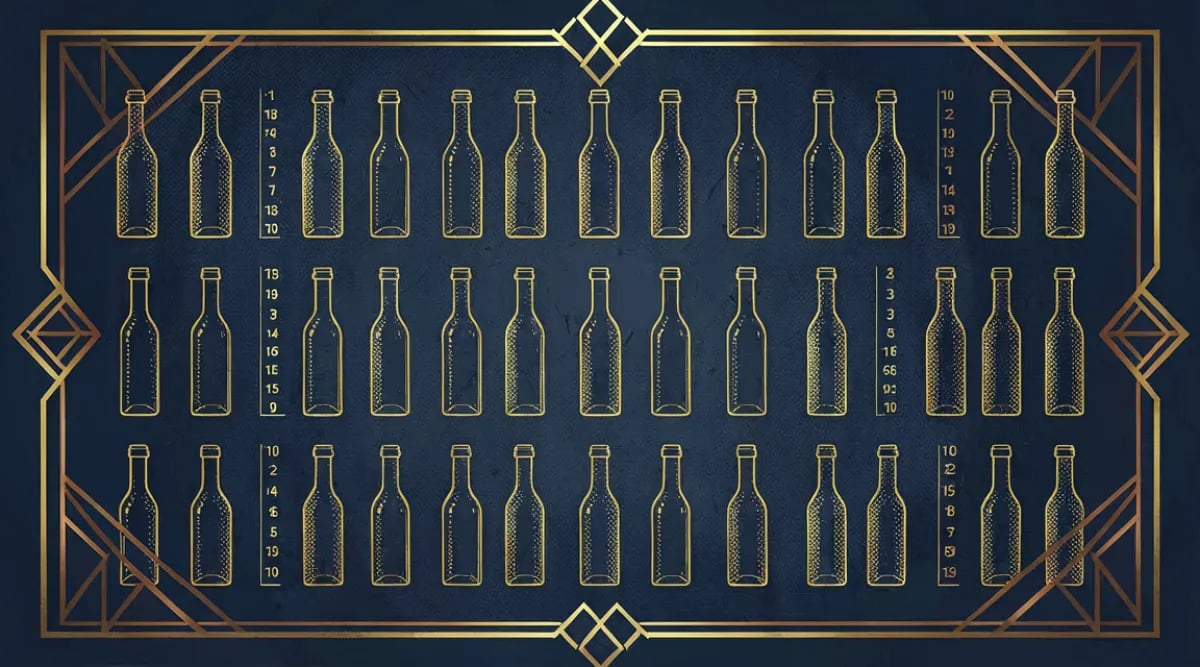 Botellas de vino en cava con sistema de etiquetas colgantes de cartón numeradas por posición