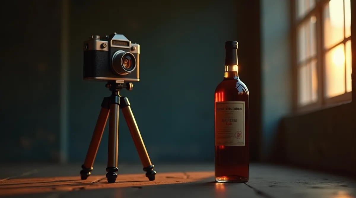 Ilustración editorial de a camera photographing wine bottles with verification checkmark stamp - análisis comparativo