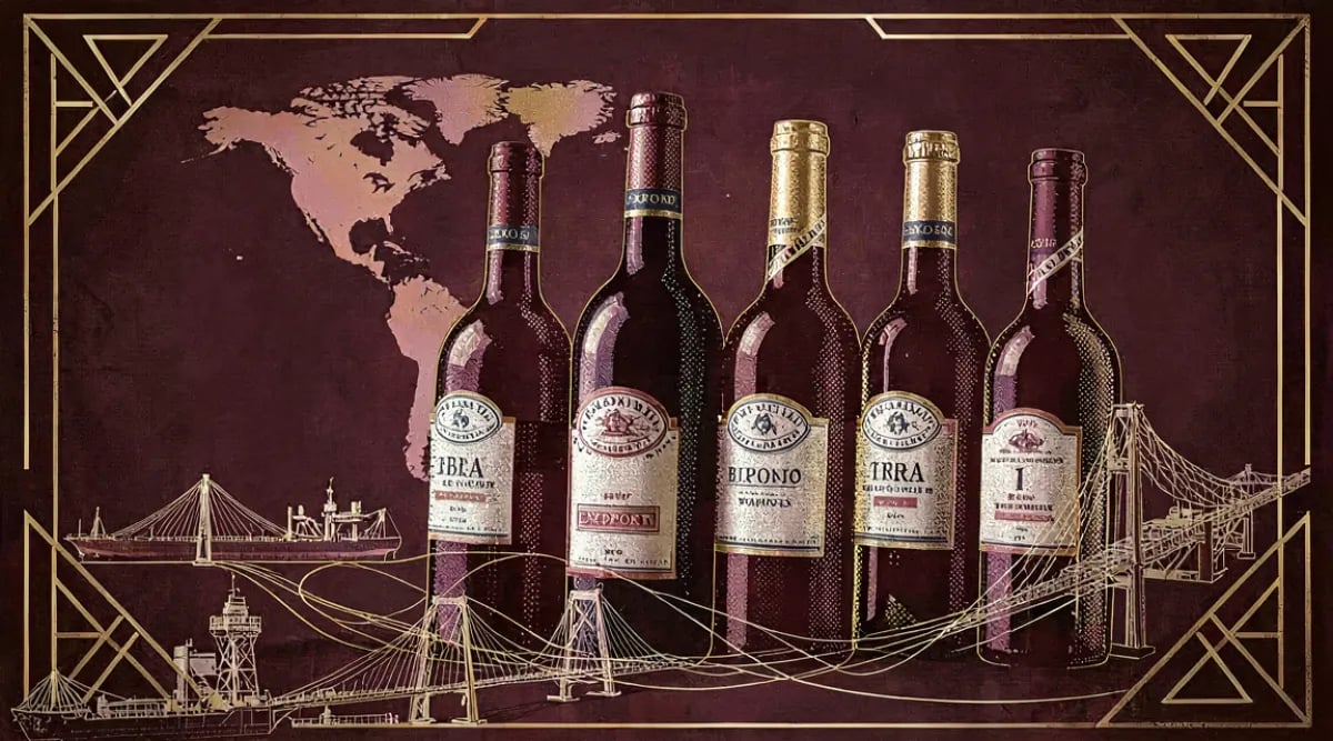 Botellas de vino mexicano en anaqueles de tiendas internacionales representando exportación