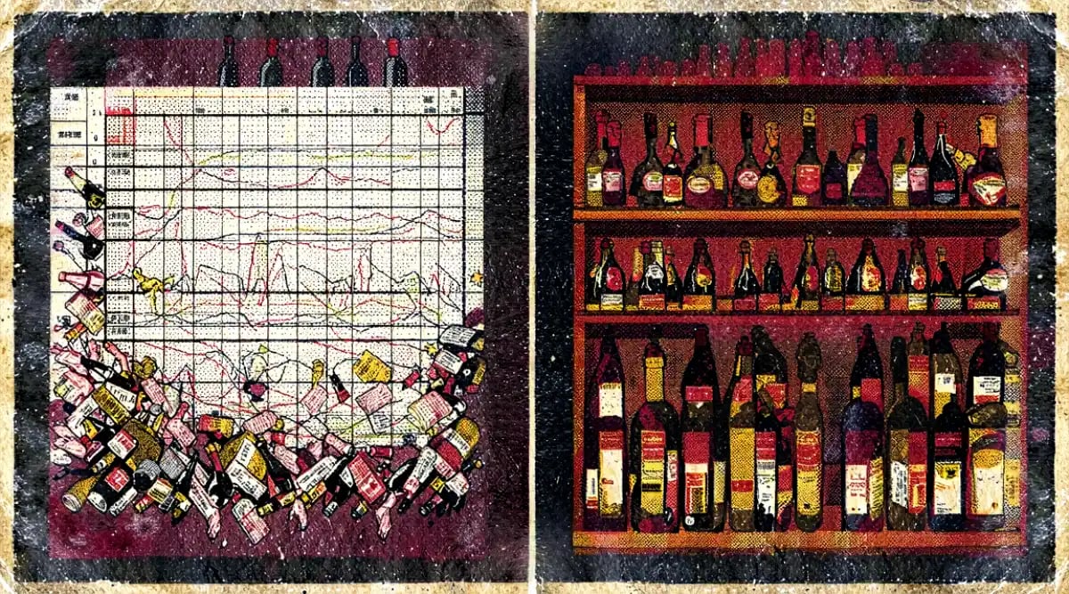 Hoja de cálculo Excel con columnas de inventario de vinos y datos de ejemplo
