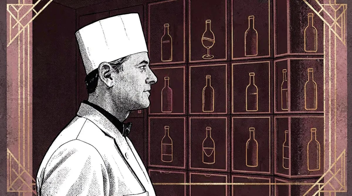 Sommelier revisando inventario de vinos en cava de restaurante con tablet digital