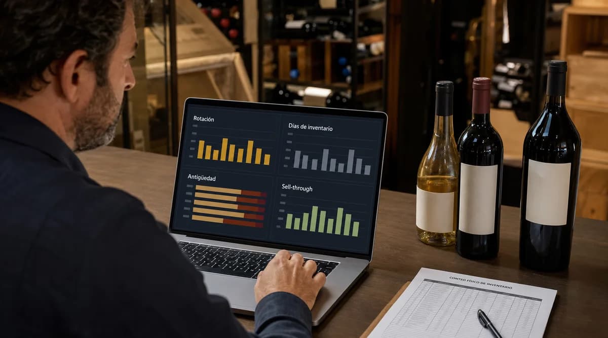 Responsable de bebidas revisa rotación, días, antigüedad y sell-through junto al inventario físico