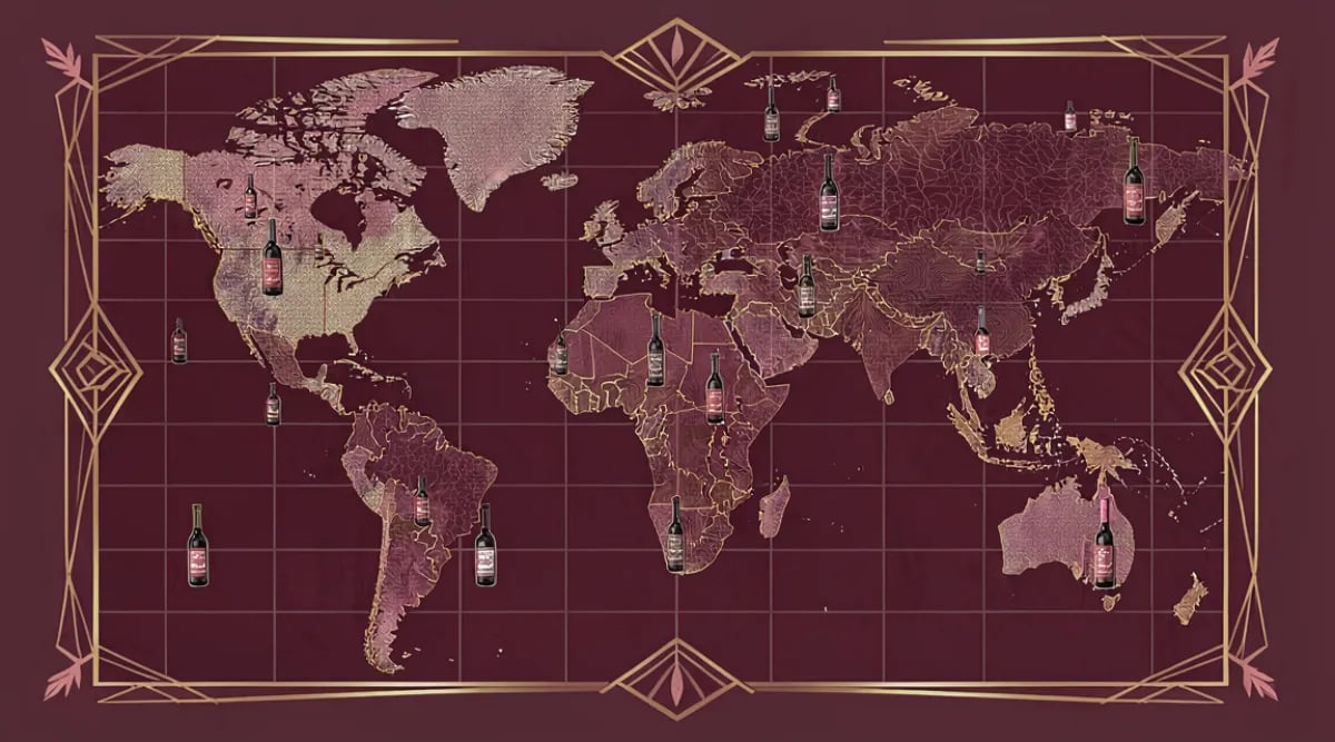 Mapa mundial con pins marcando regiones vinícolas representadas en inventario