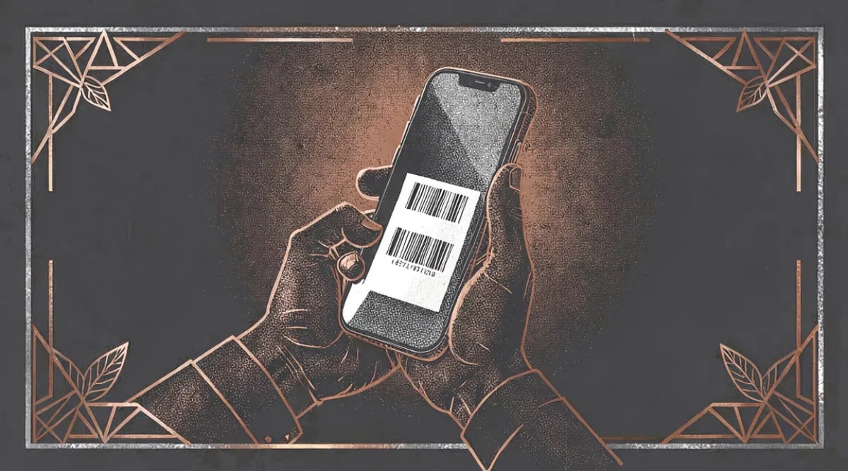 Mano sosteniendo teléfono con app de gestión de inventario de vinos