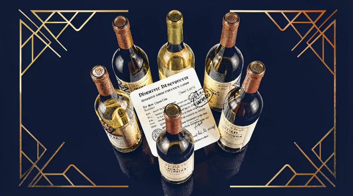 Documentos fiscales junto a botellas de vino representando obligaciones tributarias