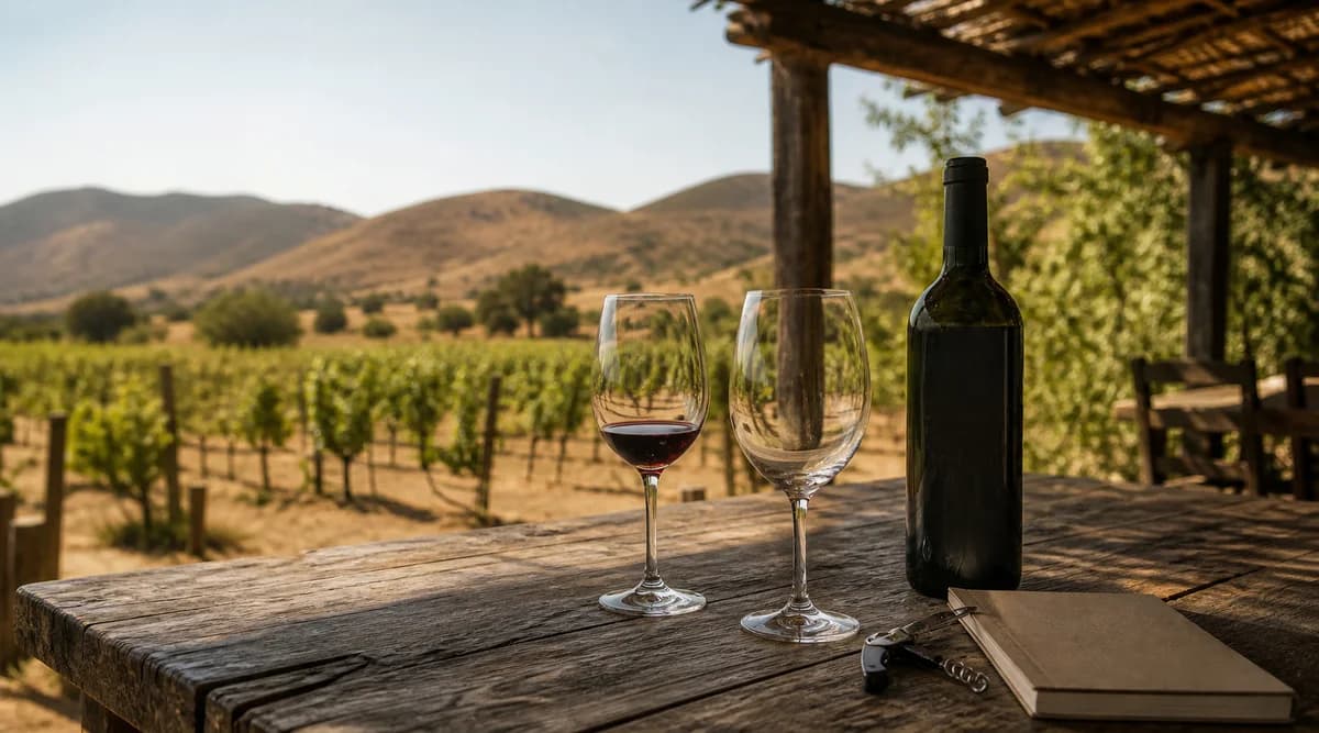 Mesa de cata junto a un pequeño viñedo del Valle de Guadalupe